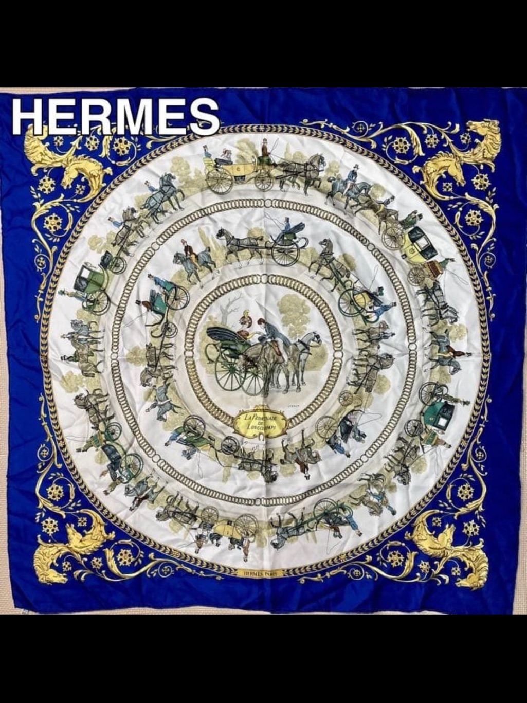 Hermes Royal Blue White  Gold Carriage Silk Scarf